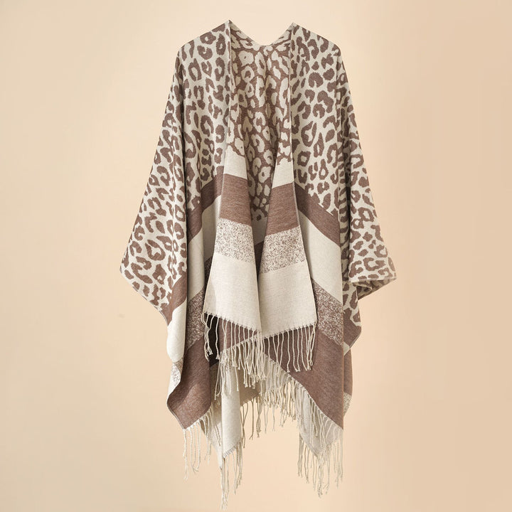 Women's Oversized Ruana with Leo Jacquard, fringes, and soft wool blend Mune Fashion