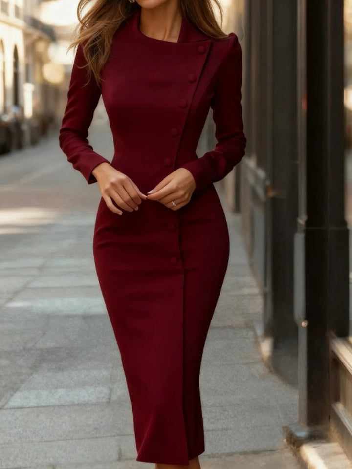 Women's Body-Conscious Pencil Dress with Concealed Asymmetrical Button Placket and Stand Collar Mune Fashion