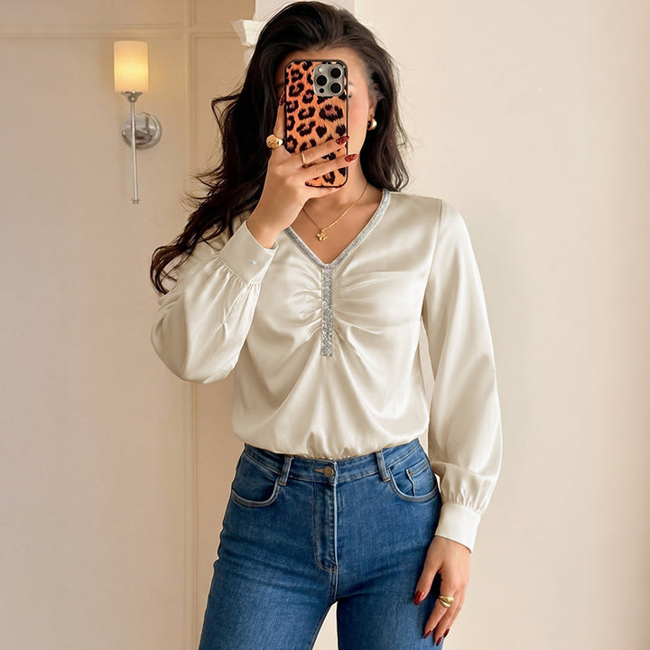 Women's Elegant Blouse Shirt with Ruffle Details and Rhinestone Accents Mune Fashion
