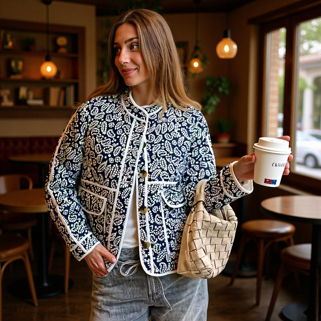 Women quilted transitional jacket withStand-up collar, paisley print and contrasting piping Mune Fashion