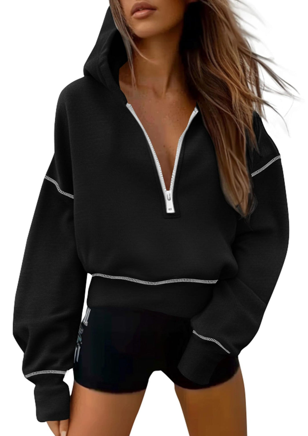 Women's cropped hooded pullover with half zipper and voluminous balloon sleeves Mune Fashion