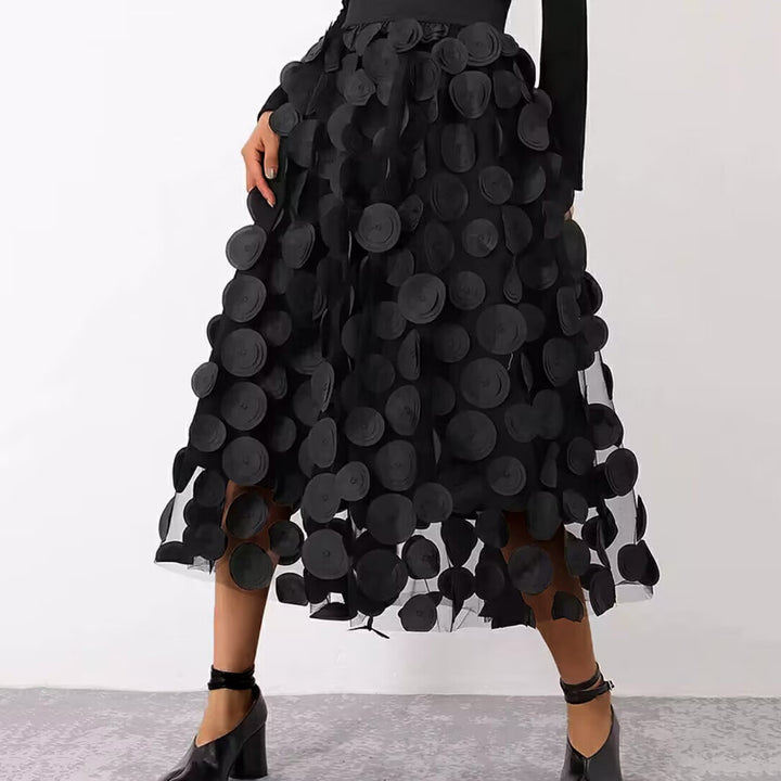 Women's flared midi skirt with transparent 3D appliqués and elastic waistband Mune Fashion