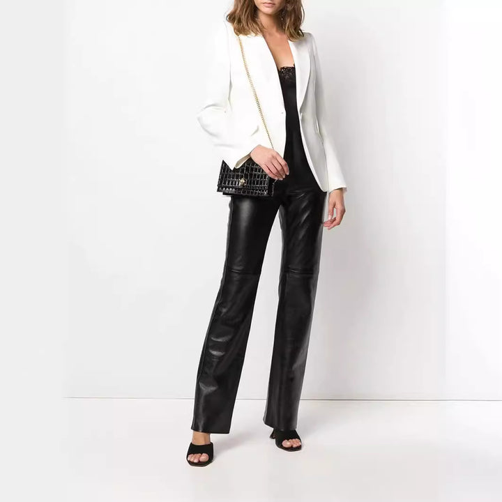 Women's vegan leather pants in straight cut with high waist and subtle bootcut Mune Fashion