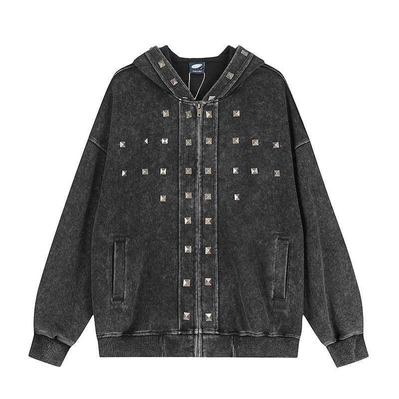 Women Oversize Zip Hoodie with Vintage Wash and Pyramid Studs Mune Fashion