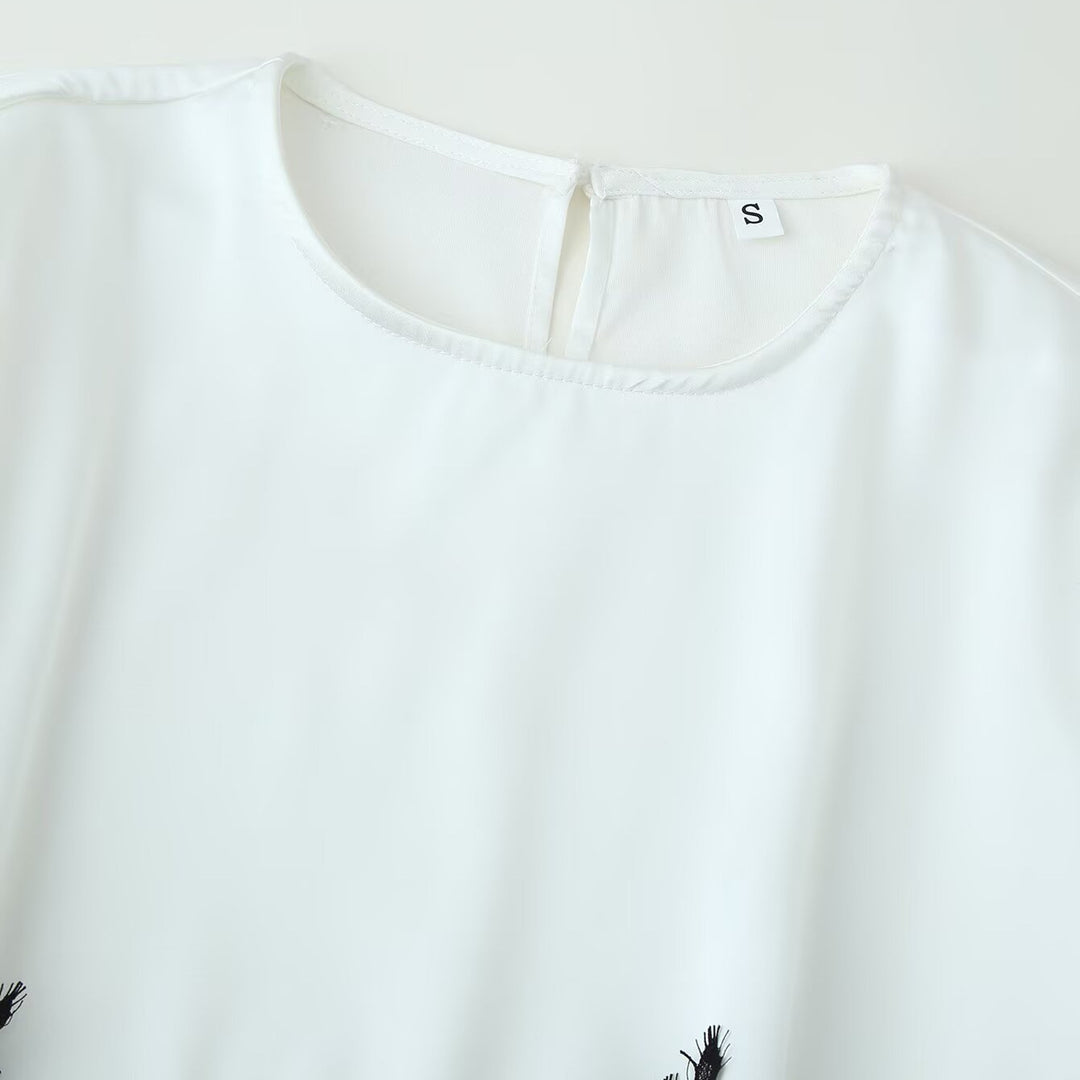 Women's elegant chiffon blouse with lace trim, wide kimono sleeves and tie belt.
