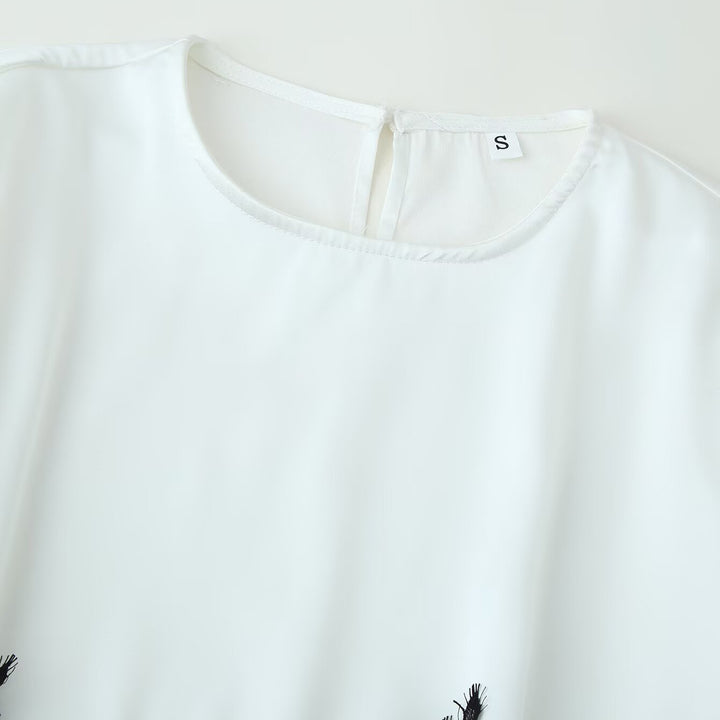 Women's elegant chiffon blouse with lace trim, wide kimono sleeves and tie belt.