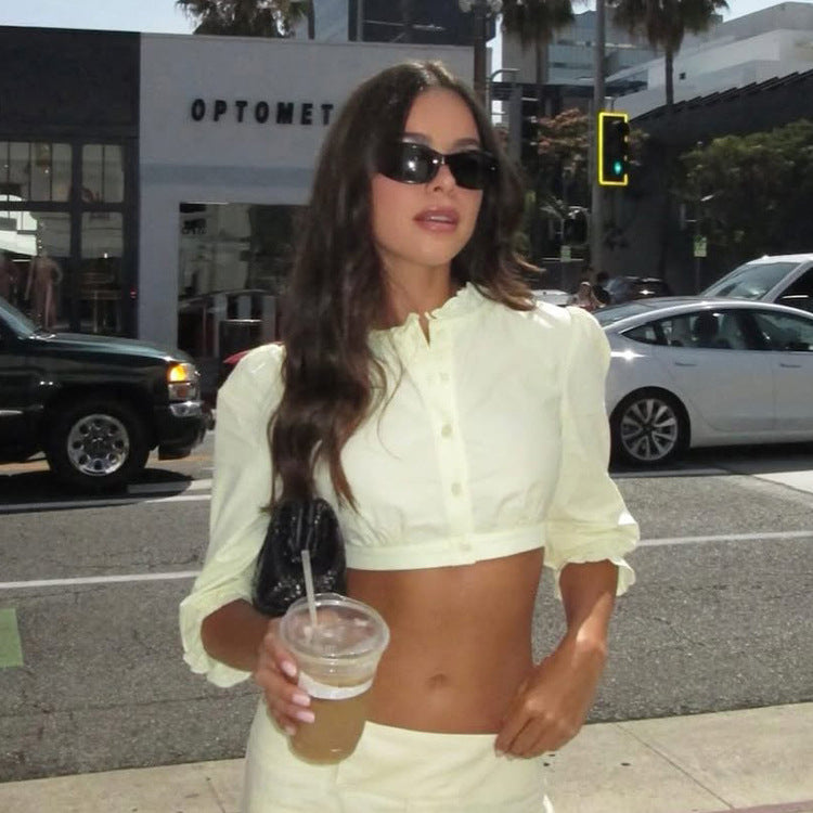 Women's cropped blouse with fine stand-up collar, gathered under the bust & 3/4 puff sleeves Mune Fashion