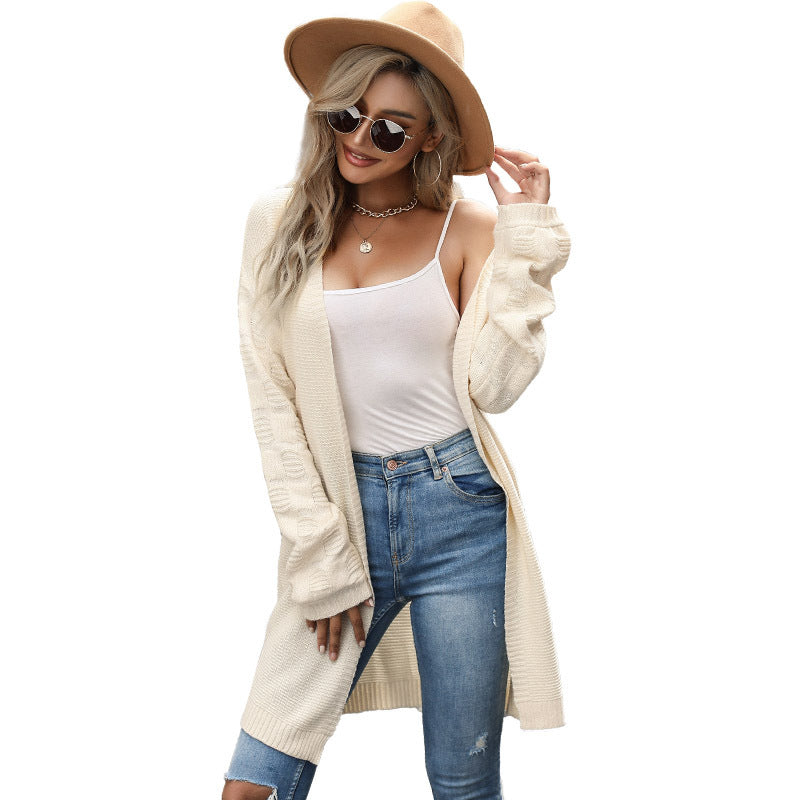 Women's Open Chunky Knit Cardigan with Cable Knit Sleeves, Extended Length and Ribbed Hem Mune Fashion
