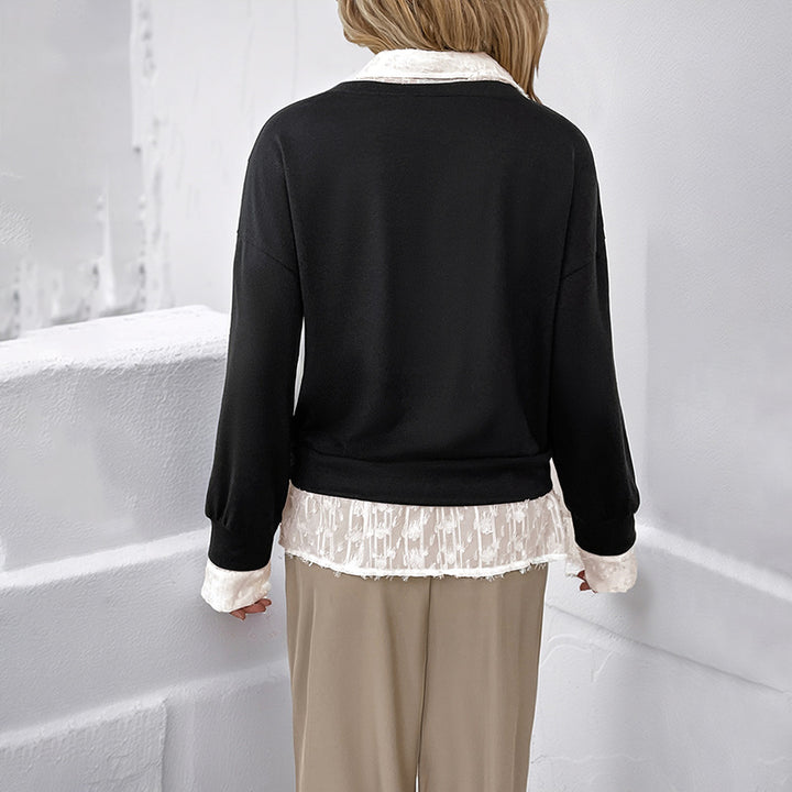 Women's layered fine knit sweater with V-neck and integrated lace blouse insert Mune Fashion