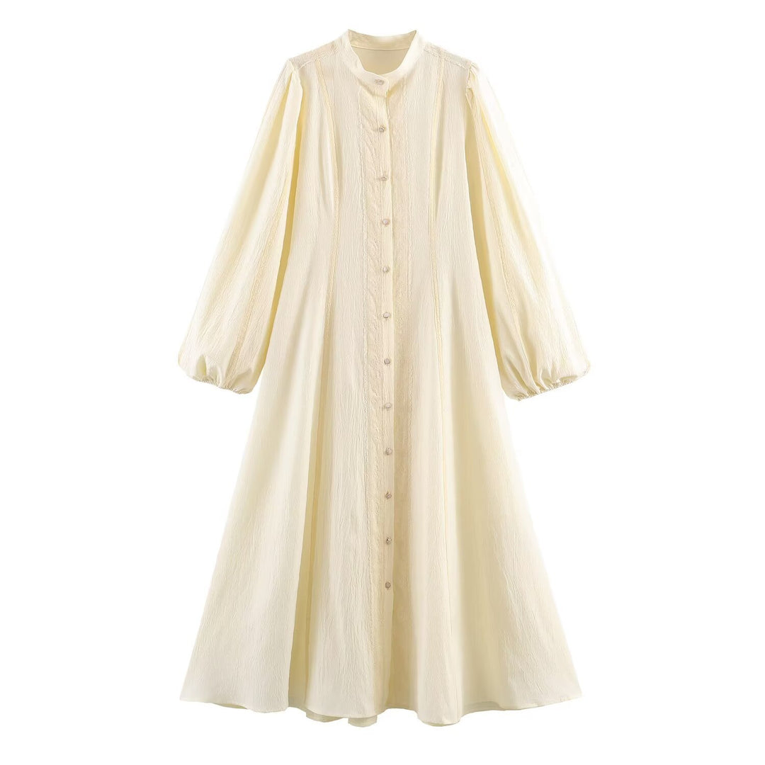 Women's maxi dress with standing collar, continuous button placket and balloon sleeves Mune Fashion