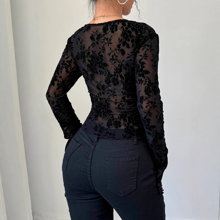 Women's tight-fitting transparent mesh lace blouse with deep V-neck and floral velvet texture Mune Fashion