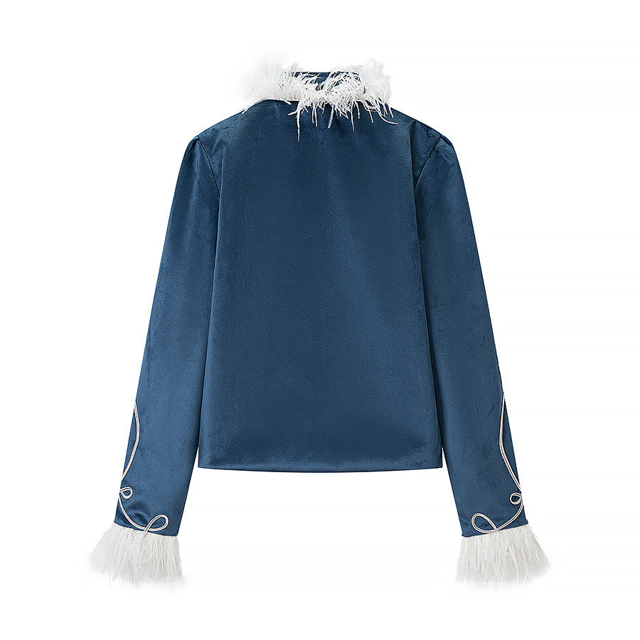 Women's Velvet Military Jacket with Feather Trim and Decorative Piping Mune Fashion