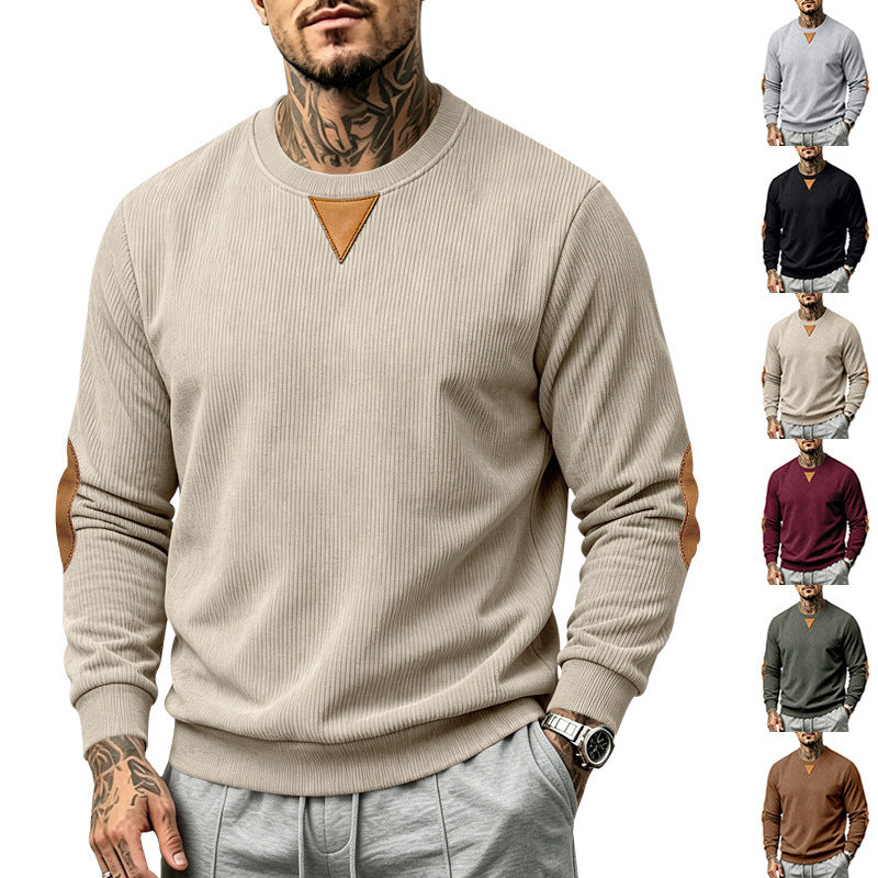Men's Ribbed Sweatshirt with Leather Look Elbow Patches and Triangle Applique Mune Fashion