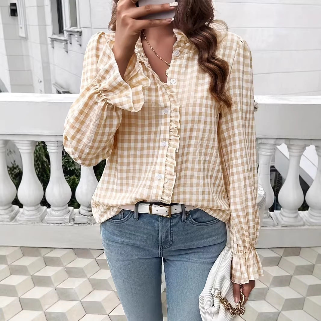 Women checked ruffle blouse with flounce collar and long cuffs Mune Fashion