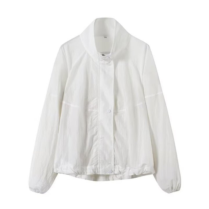Women's Lightweight Wind and Travel Jacket with Stand Collar, Concealed Snap Placket and Drawstring Hem Mune Fashion