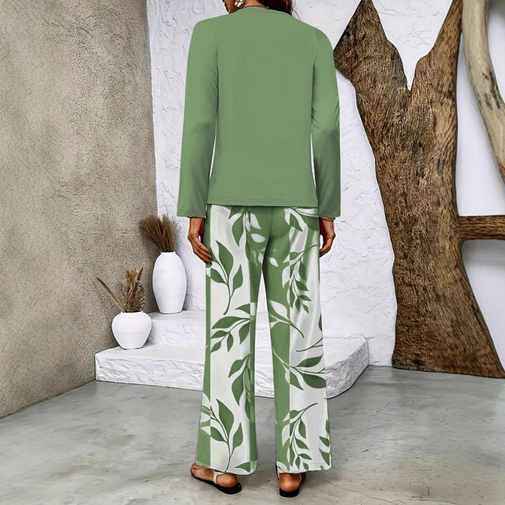 Ladies Two-Piece Lounge Set with Overlapping Long Sleeve and Wide Palazzo Pants Mune Fashion