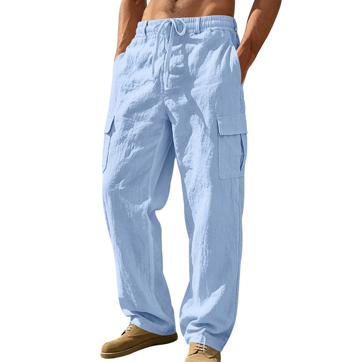 Men's relaxed-fit beach cargo pants made of linen blend with elastic drawstring and double flap pocket Mune Fashion