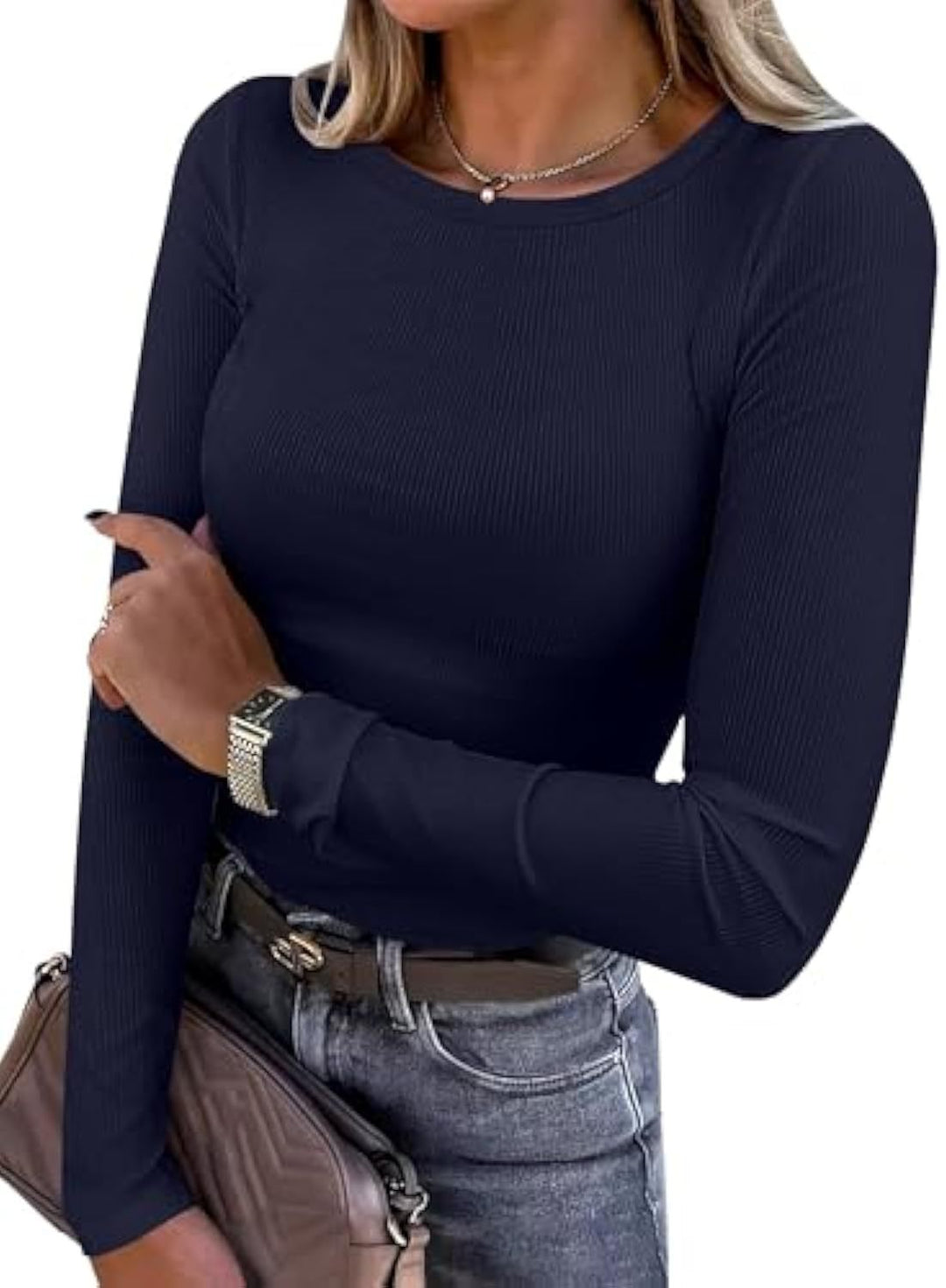 Women's Slim-Fit Ribbed Long Sleeve with Round Neckline and Stretch Cotton Blend Drune