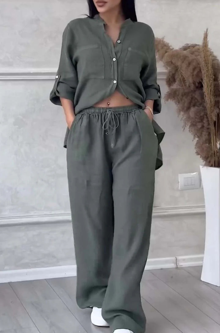 Women's casual linen two-piece set with loose shirt blouse, patch breast pockets, and elastic drawstring waistband Mune Fashion