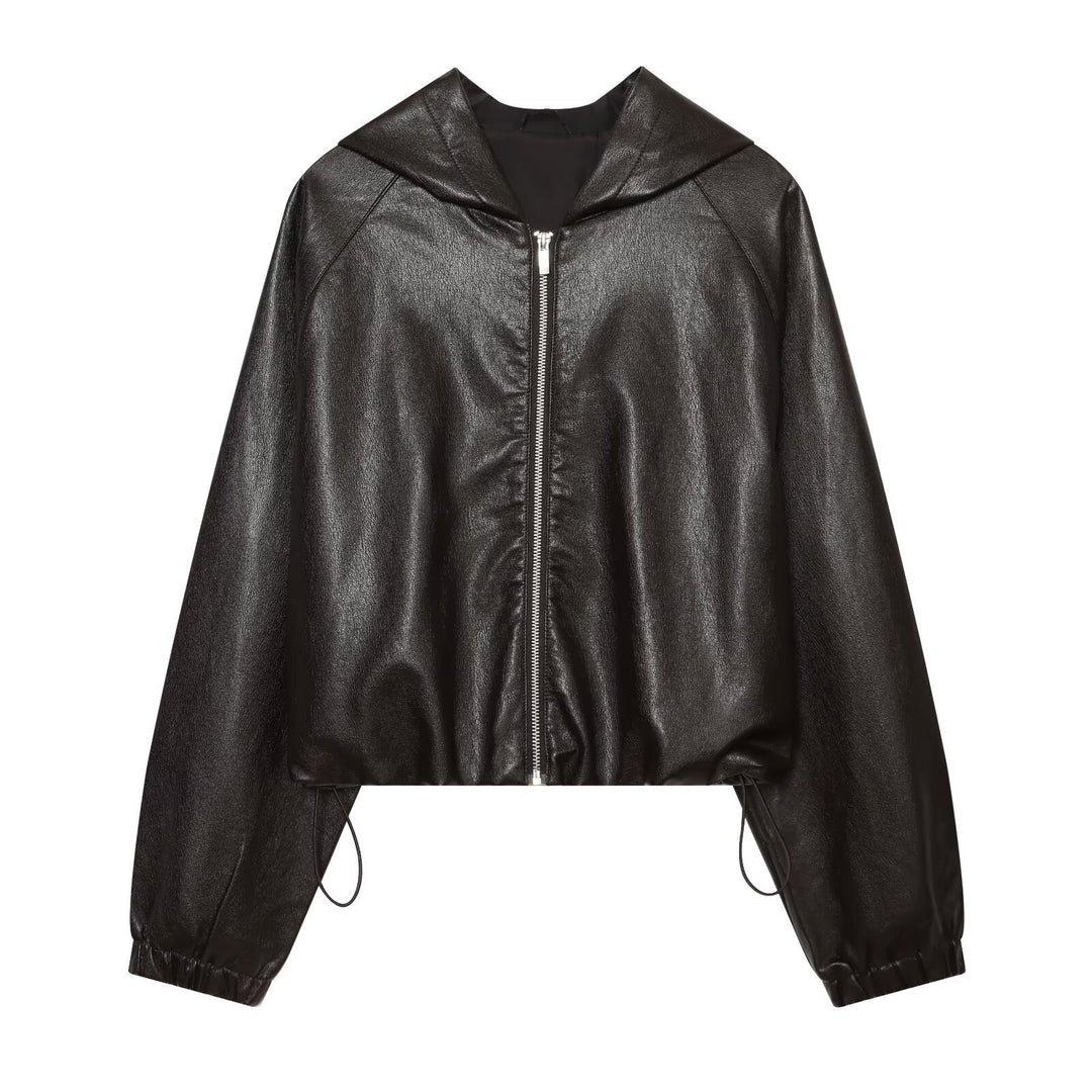Women's Cropped Faux Leather Bomber Jacket with Hood, Drawstring and Elastic Cuffs Mune Fashion