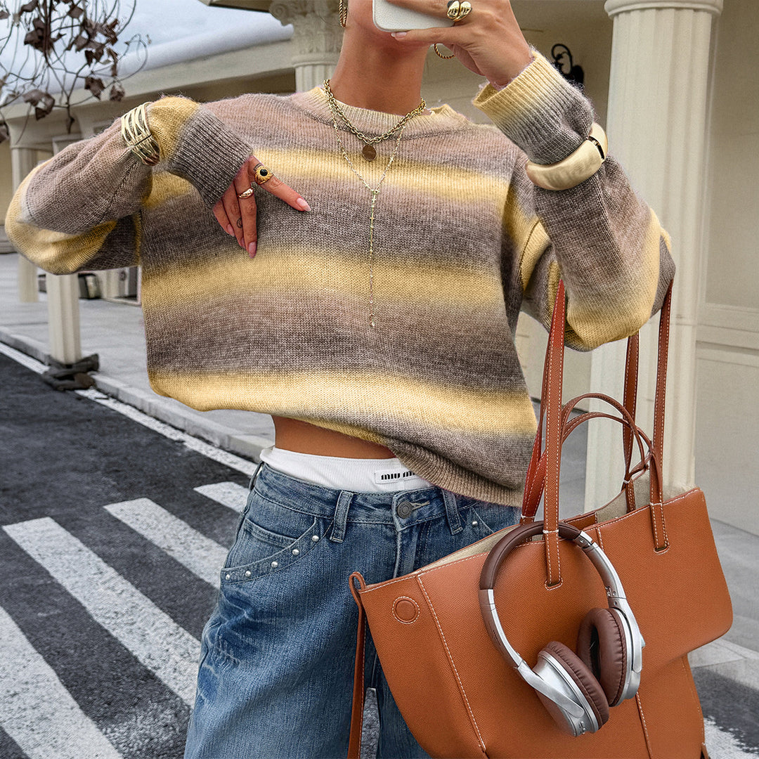 Women's oversized fine knit sweater with ombre gradient, round neckline, and dropped shoulder Mune Fashion