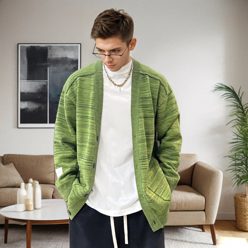 Men's Loose Melange Oversized Knit Cardigan with Button Placket and Patch Pockets Mune Fashion