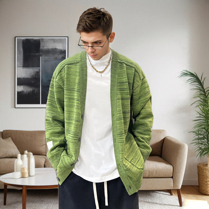 Men's Loose Melange Oversized Knit Cardigan with Button Placket and Patch Pockets Mune Fashion
