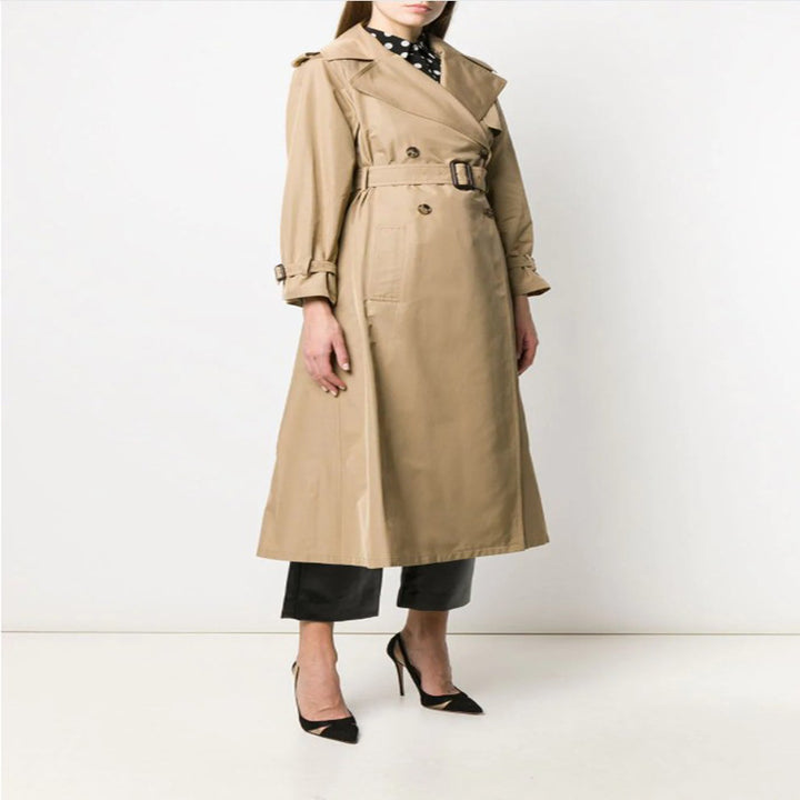Women Mid-length Trench Coat in A-line Cut with Waist Belt and Epaulettes Mune Fashion