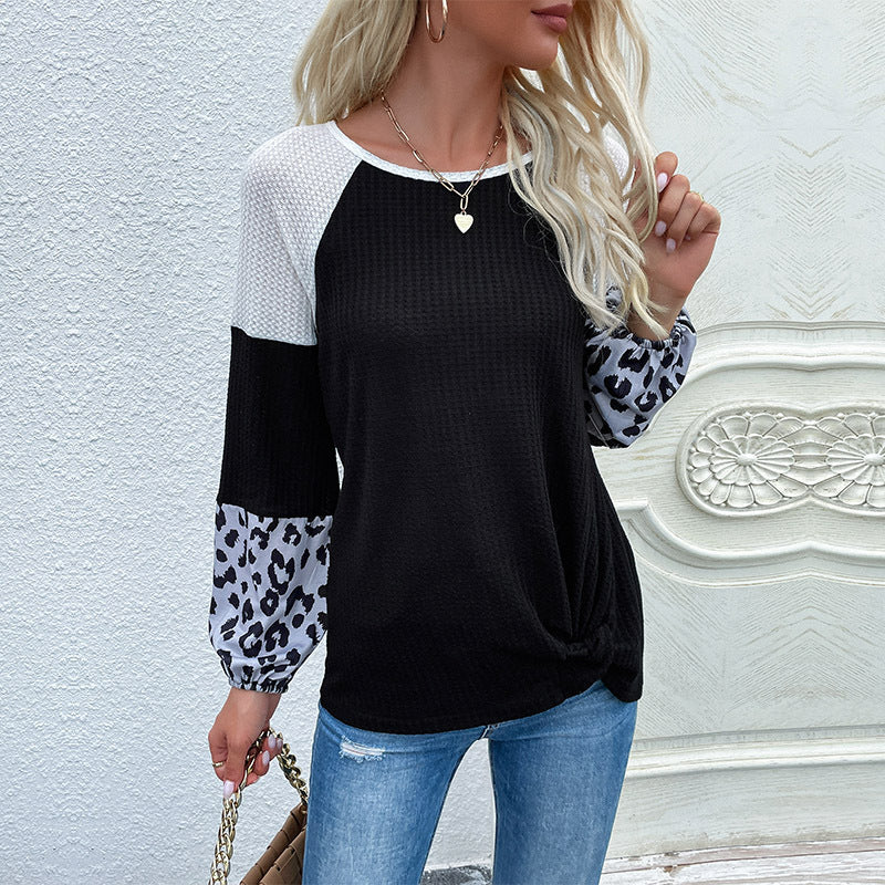 Women’s Asymmetrical Waffle Knit Shirt with Knot Hem and Leopard Cuffs Mune Fashion