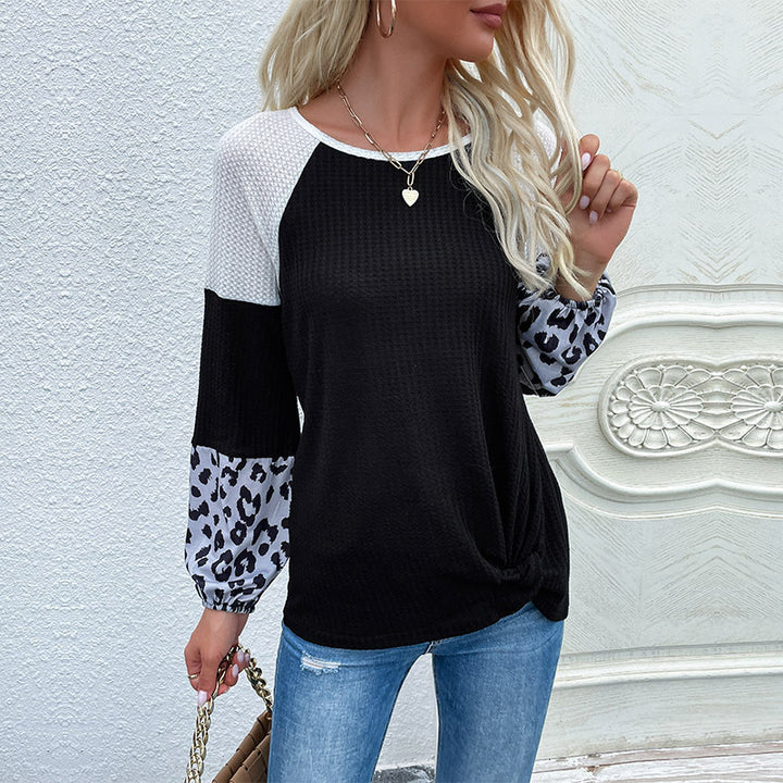 Women’s Asymmetrical Waffle Knit Shirt with Knot Hem and Leopard Cuffs Mune Fashion