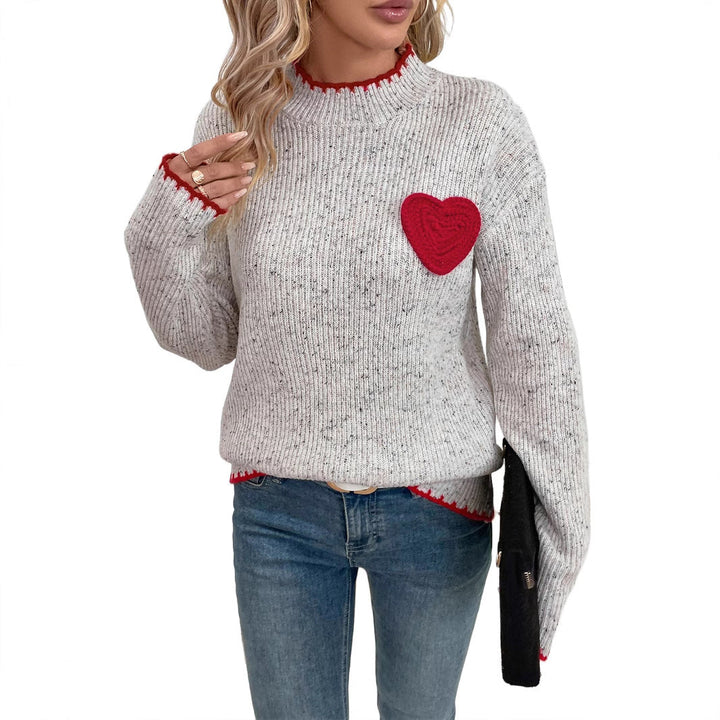 Women's Ribbed Fine Knit Sweater with Heart Application and Contrasting Hem Edge Mune Fashion