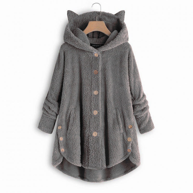 Women's Hooded Teddy Coat with Cat Ears, Button Placket and Asymmetrical Hem Mune Fashion