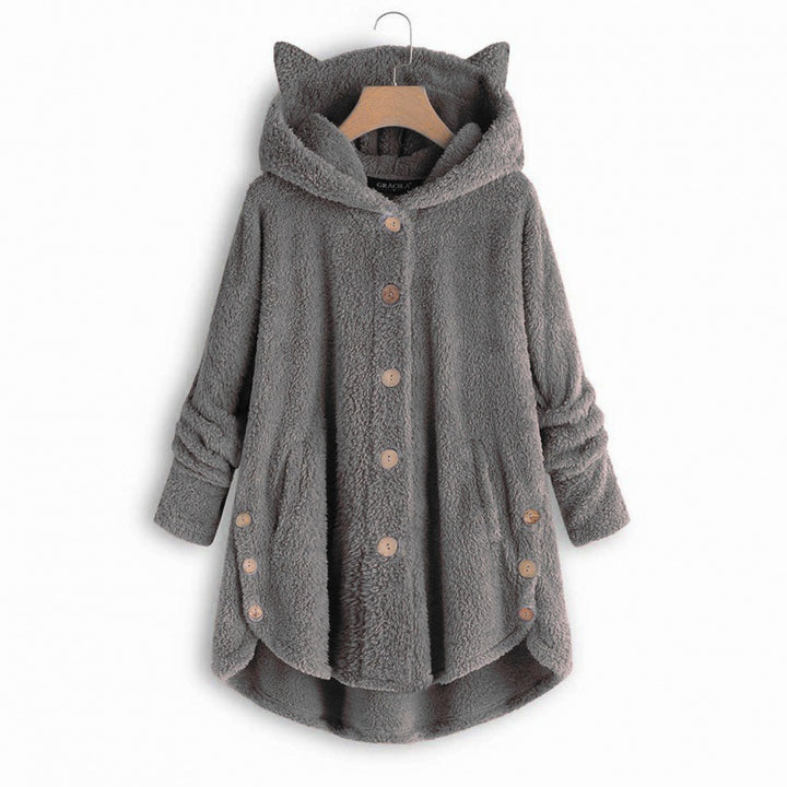 Women's Hooded Teddy Coat with Cat Ears, Button Placket and Asymmetrical Hem Mune Fashion
