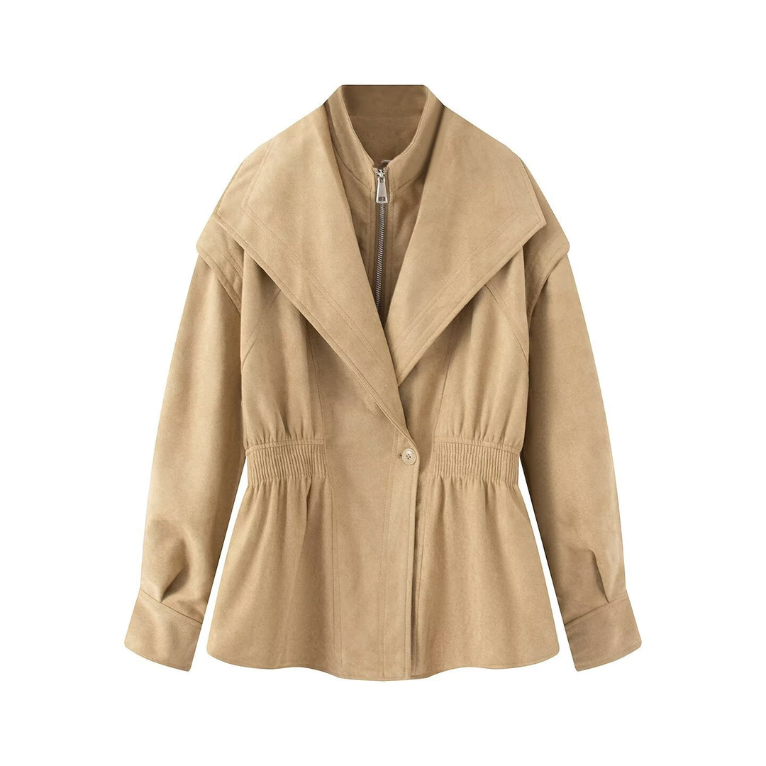 Women's tailored jacket in suede look with large shawl collar, zipper and gathered waist Mune Fashion