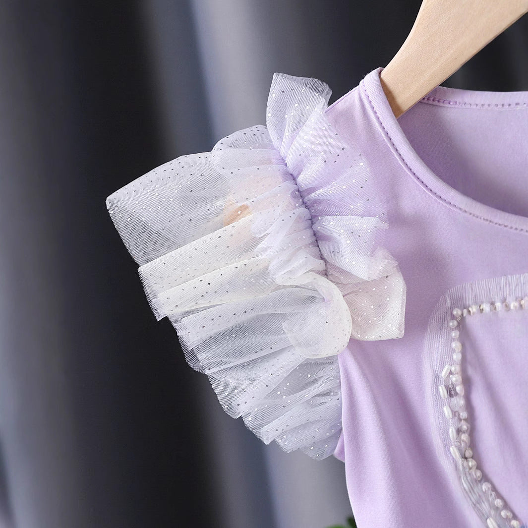 Girl's T-shirt with sparkling butterfly design and ruffle details Mune Fashion