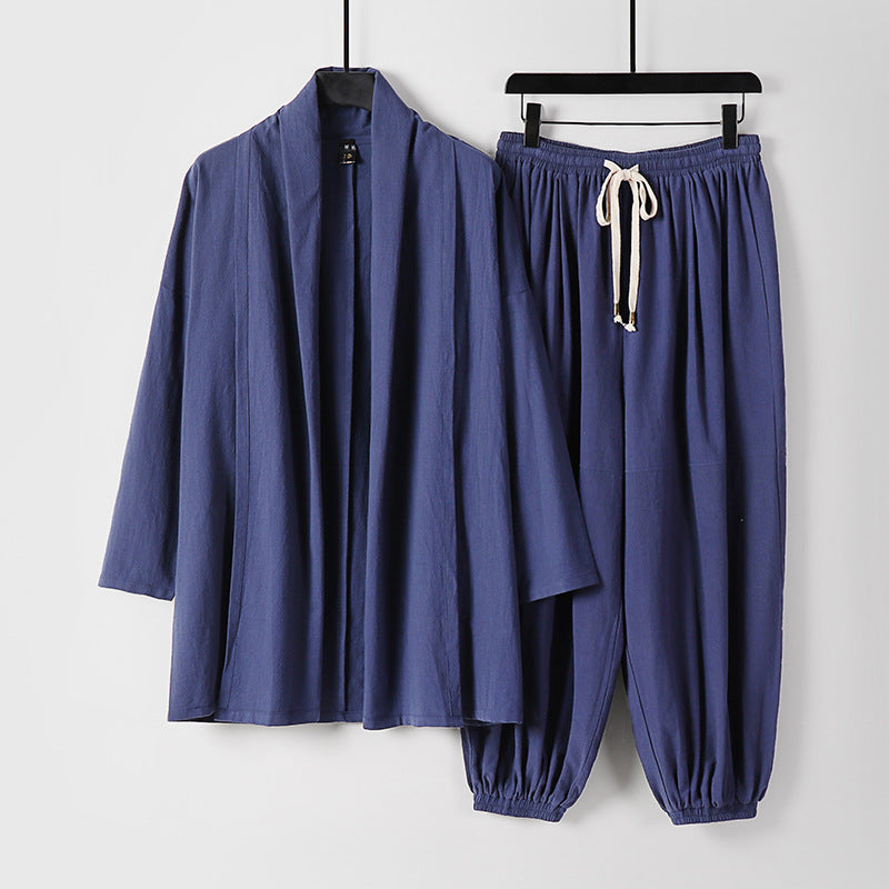 Unisex Relaxed Kimono Two-Piece Set Made of Cotton Muslin with Shawl Collar Jacket and Gathered Ankle Pants Mune Fashion