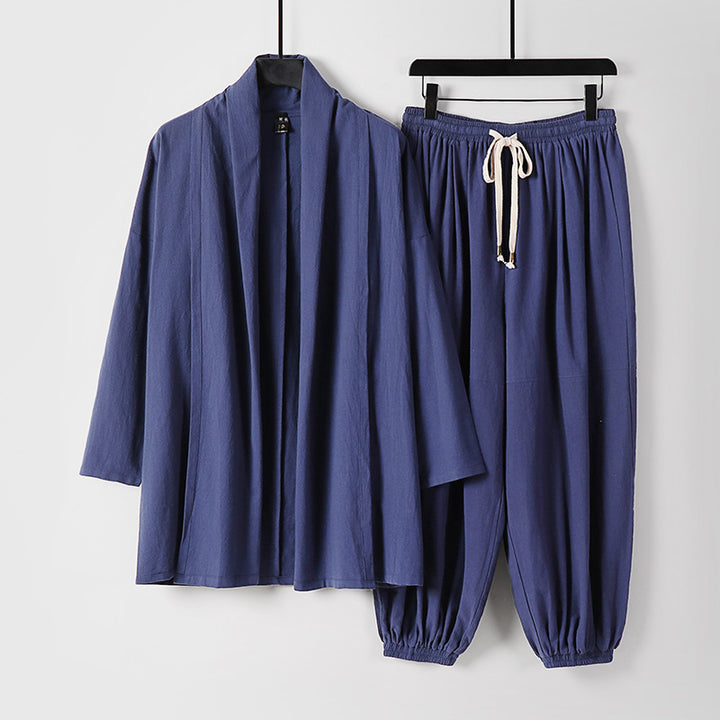 Unisex Relaxed Kimono Two-Piece Set Made of Cotton Muslin with Shawl Collar Jacket and Gathered Ankle Pants Mune Fashion