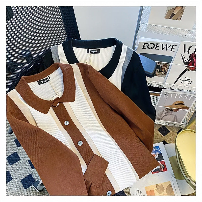 Women's Fine Knit Cardigan with Polo Collar, Contrasting Ribbed Inserts and Continuous Button Placket Mune Fashion