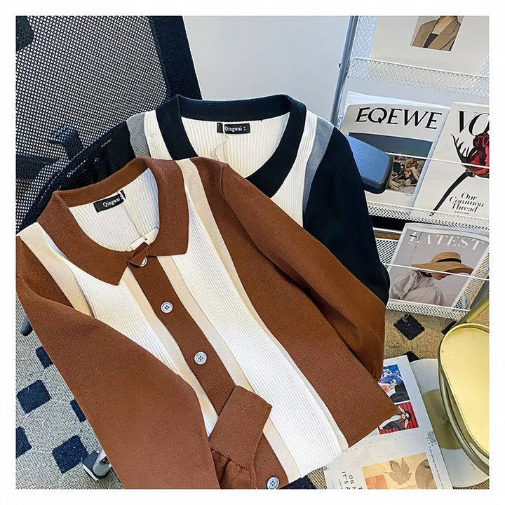 Women's Fine Knit Cardigan with Polo Collar, Contrasting Ribbed Inserts and Continuous Button Placket Mune Fashion