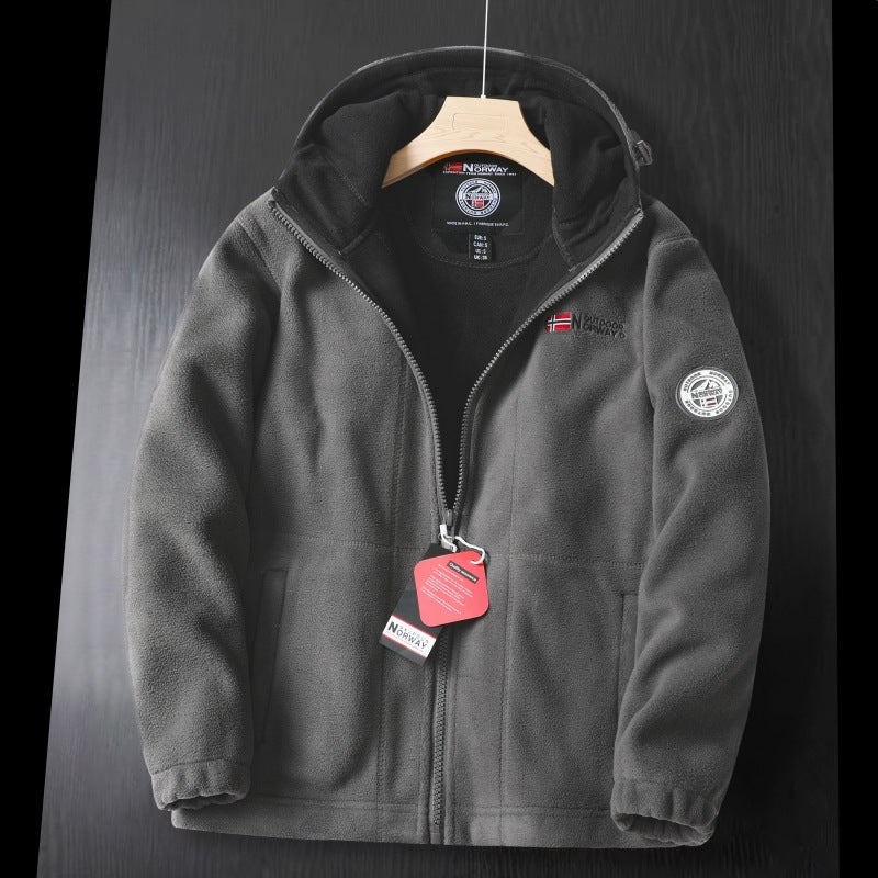 Men's fleece hooded jacket with warming microfleece lining, full-length zipper, and logo patches Mune Fashion