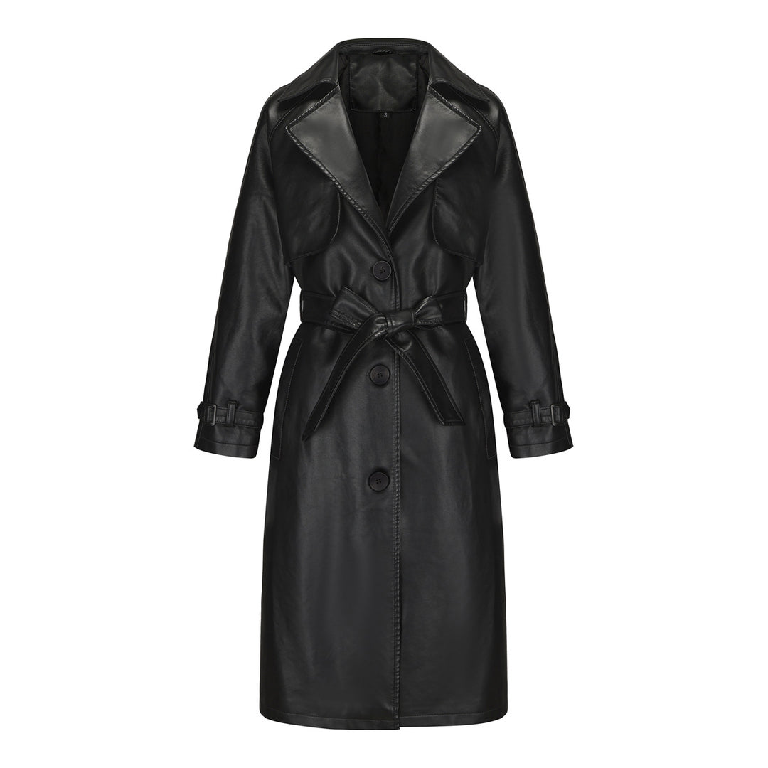 Women's longer tailored faux leather trench coat with tie belt Mune Fashion