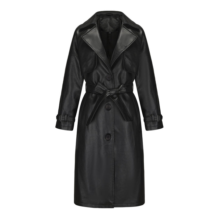 Women's longer tailored faux leather trench coat with tie belt Mune Fashion
