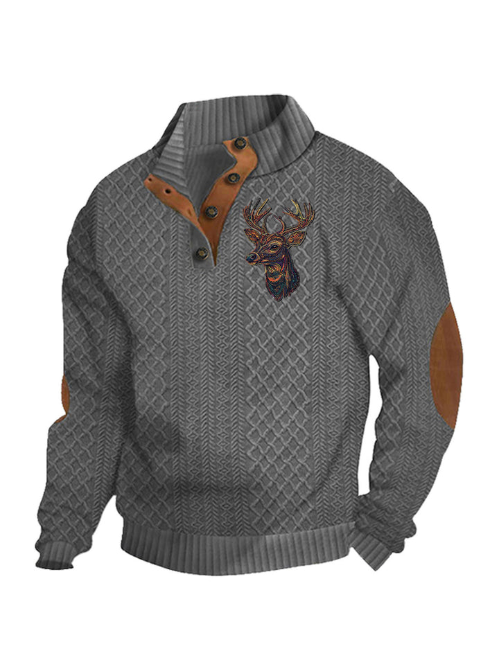 Men's nan Heritage textured pullover with stand-up collar faux leather trim elbow patches and half-button placket Mune Fashion