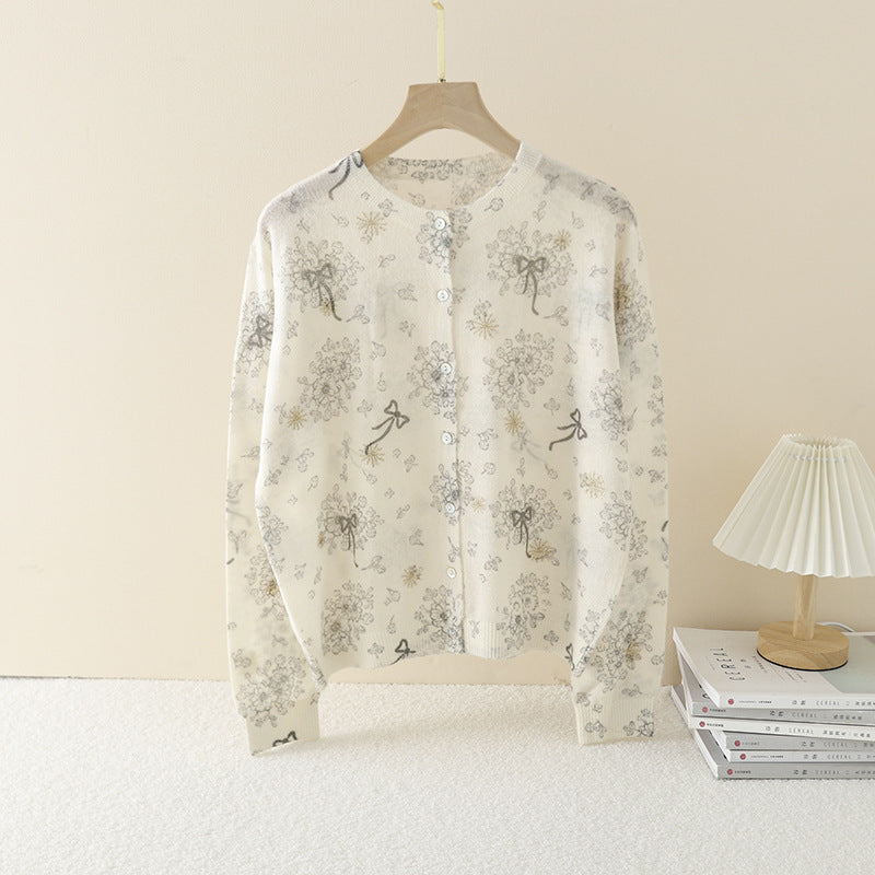 Ladies Fine Button Cardigan with delicate Flower Sketch Print and Round Neckline Mune Fashion
