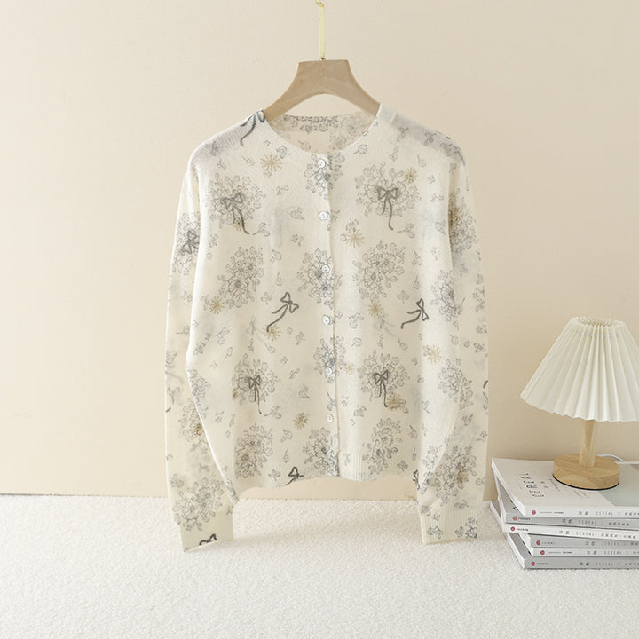 Ladies Fine Button Cardigan with delicate Flower Sketch Print and Round Neckline Mune Fashion