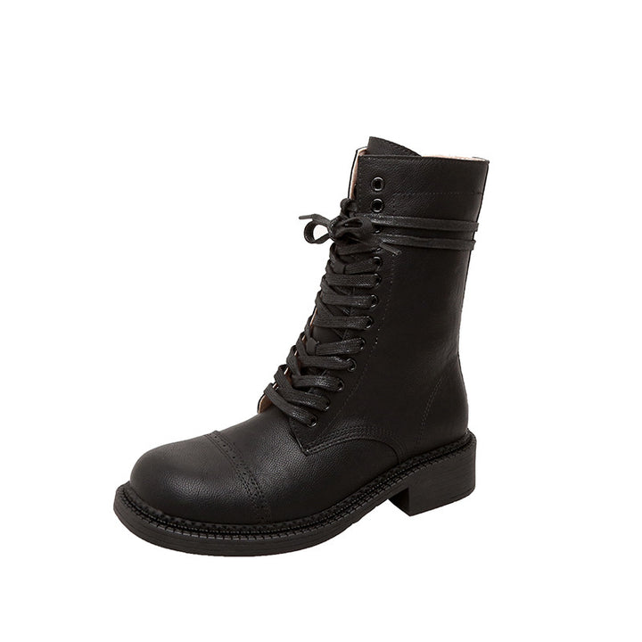 Ladies knee-high lace-up boots with decorative and adjustable buckles Mune Fashion
