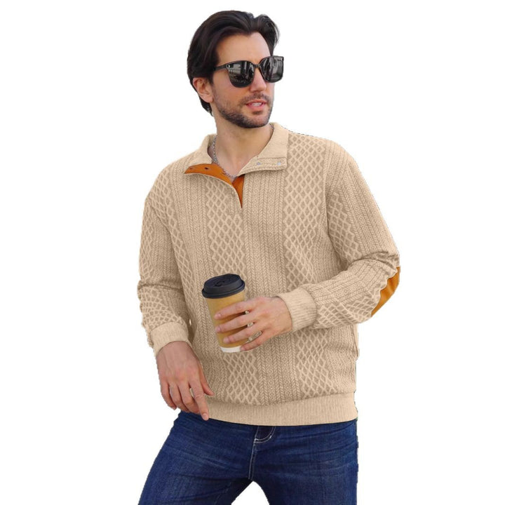 Men's structured Henley pullover with stand-up collar, button placket and leather-look elbow patches Mune Fashion