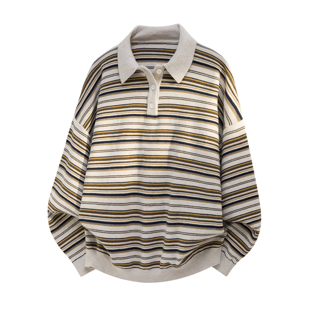 Unisex Oversize Knit Polo Shirt in Retro Stripe Pattern with Ribbed Collar and Drop Shoulder Mune Fashion