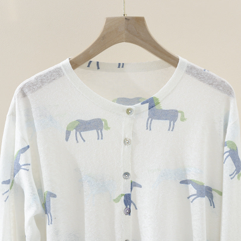 Women's finely knitted button cardigan with horse print and round neck Mune Fashion