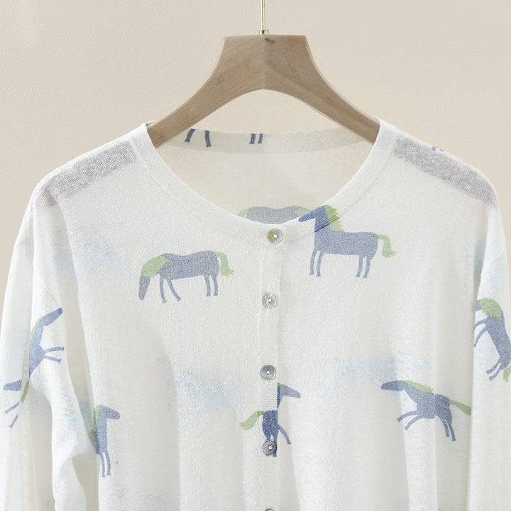 Women's finely knitted button cardigan with horse print and round neck Mune Fashion